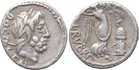L. RUBRIUS DOSSENUS. Quinarius (87 BC). Rome. 

Obv: DOSSEN. 
Laureate head of Neptune right; trident to left.
Rev: L RVBRI. 
Victory standing ri...