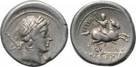 P. CREPUSIUS. Denarius (82 BC). Rome. 

Obv: Laureate head of Apollo right; sceptre and V to left.
Rev: P CREPVSI. 
Warrior on horse rearing right...