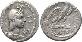 M. PLAETORIUS M. F. CESTIANUS. Denarius (57 BC). Rome. 

Obv: CESTIANVS / S C. 
Helmeted, laureate and draped bust of Vacuna right, with bow and qu...