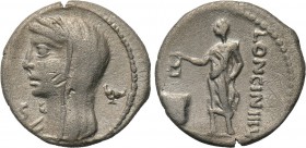 L. CASSIUS LONGINUS. Denarius (63 BC). Rome. 

Obv: Veiled and draped bust of Vesta left; S to lower left, cantharus to right.
Rev: LONGIN III V. ...