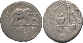 JULIUS CAESAR. Denarius (49 BC). Military mint traveling with Caesar. 

Obv: CAESAR. 
Elephant advancing right, trampling upon horned serpent.
Rev...