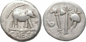 JULIUS CAESAR. Denarius (49 BC). Contemporary imitation of military mint traveling with Caesar. 

Obv: CAESAR. 
Elephant advancing right, trampling...