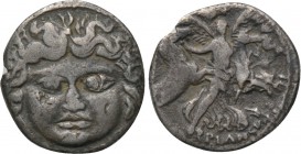L. PLAUTIUS PLANCUS. Denarius (47 BC). Rome. 

Obv: L PLAVTIVS. 
Facing head of Medusa.
Rev: PLANCVS. 
Victory (or Aurora) flying right, holding ...