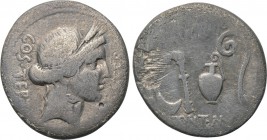 JULIUS CAESAR. Denarius (47-46 BC). Uncertain mint in North Africa. 

Obv: DICT ITER COS TERT. 
Head of Ceres right, wearing grain wreath.
Rev: AV...
