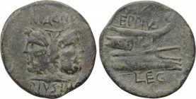 SEXTUS POMPEY. As (45-44 BC). Uncertain mint in Spain or Sicily. Eppius, legatus. 

Obv: MAGNV / PIVS IMP. 
Laureate head of Janus.
Rev: EPPIVS / ...