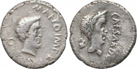 MARK ANTONY with JULIUS CAESAR. Denarius (43 BC). Military mint traveling with Antony in Cisalpine Gaul. Posthumous Caesar issue. 

Obv: M ANTO IMP ...
