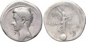 OCTAVIAN. Denarius (31-30 BC). Italian mint, possibly Rome. 

Obv: Bare head left.
Rev: CAESAR DIVI F. 
Victory standing right on globe, holding p...