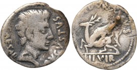 AUGUSTUS (27 BC-14 AD). Denarius. Rome. M. Durmius, moneyer. 

Obv: CAESAR AVGVSTVS. 
Bare head right.
Rev: M DVRMIVS / III VIR. 
Lion bringing d...