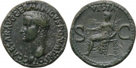 CALIGULA (37-41). As. Rome. 

Obv: C CAESAR AVG GERMANICVS PON M TR POT. 
Bare head left.
Rev: VESTA / S - C. 
Vesta seated left, holding patera ...
