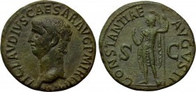 CLAUDIUS (41-54). As. Rome. 

Obv: TI CLAVDIVS CAESAR AVG P M TR P IMP. 
Bare head left.
Rev: CONSTANTIAE AVGVST / S - C. 
Constantia standing le...