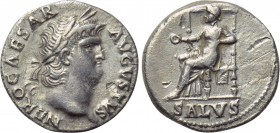 NERO (54-68). Denarius. Rome. 

Obv: NERO CAESAR AVGVSTVS. 
Laureate head right.
Rev: SALVS. 
Salus seated left on throne, holding patera.

RIC...