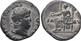 NERO (54-68). Denarius. Rome. 

Obv: IMP NERO CAESAR AVG P P. 
Laureate head right.
Rev: SA - LVS. 
Salus seated left on throne, holding patera....