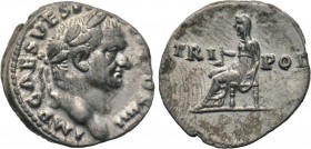 VESPASIAN (69-79). Denarius. Rome. 

Obv: IMP CAES VESP AVG P M COS IIII. 
Laureate head right.
Rev: TRI POT. 
Vesta seated left on throne, holdi...