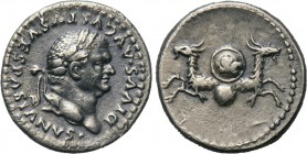 DIVUS VESPASIAN (Died 79). Denarius. Rome. 

Obv: DIVVS AVGVSTVS VESPASIANVS. 
Laureate head right.
Rev: Foreparts of two capricorns springing out...
