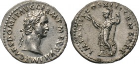 DOMITIAN (81-96). Denarius. Rome. 

Obv: IMP CAES DOMIT AVG GERM P M TR P VII. 
Laureate head right.
Rev: IMP XIIII COS XIII CENS P P P. 
Minerva...