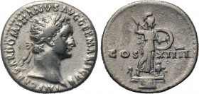 DOMITIAN (81-96). Denarius. Rome. 

Obv: IMP CAESAR DOMITIANVS AVG GERMANICVS. 
Laureate head right.
Rev: COS XIIII. 
Minerva striding right on p...