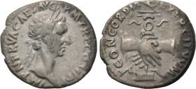 NERVA (96-98). Denarius. Rome. 

Obv: IMP NERVA CAES AVG P M TR P COS II P P. 
Laureate head right.
Rev: CONCORDIA EXERCITVVM. 
Clasped hands; in...