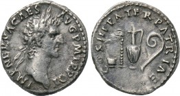 NERVA (96-98). Denarius. Rome. 

Obv: IMP NERVA CAES AVG P M TR POT. 
Laureate head right.
Rev: COS III PATER PATRIAE. 
Emblems of the pontificat...
