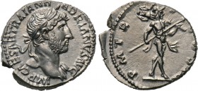 HADRIAN (117-138). Denarius. Rome. 

Obv: IMP CAESAR TRAIAN HADRIANVS AVG. 
Laureate bust right, with slight drapery.
Rev: P M TR P COS III. 
Mar...