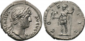 HADRIAN (117-138). Denarius. Rome. 

Obv: HADRIANVS AVGVSTVS. 
Laureate bust right, with slight drapery.
Rev: COS III. 
Roma standing left, holdi...