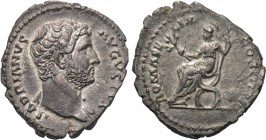 HADRIAN (117-138). Denarius. Rome. 

Obv: HADRIANVS AVGVSTVS. 
Bareheaded bust right, with slight drapery.
Rev: ROMA FELIX COS III P P. 
Roma sea...