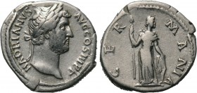 HADRIAN (117-138). Denarius. Rome. "Travel Series" issue. 

Obv: HADRIANVS AVG COS III P P. 
Laureate head right.
Rev: GERMANIA. 
Germania standi...