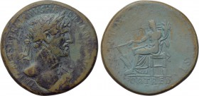 HADRIAN (117-138). Sestertius. Rome. 

Obv: IMP CAESAR TRAIANVS HADRIANVS AVG. 
Laureate bust right, with slight drapery.
Rev: PONT MAX TR POT COS...