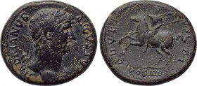 HADRIAN (117-138). As. Rome. 

Obv: HADRIANVS AVGVSTVS. 
Laureate head right.
Rev: ADVENTVS AVGVSTI / COS III P P. 
Hadrian on horse rearing left...