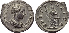 DIADUMENIAN (Caesar, 217-218). Denarius. Rome. 

Obv: M OPEL ANT DIADVMENIAN CAES. 
Bareheaded, draped and cuirassed bust right.
Rev: SPES PVBLICA...