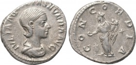 AQUILIA SEVERA (Augusta, 220-221 & 221-222). Denarius. Rome. 

Obv: IVLIA AQVILIA SEVERA AVG. 
Draped bust right.
Rev: CONCORDIA. 
Concordia stan...