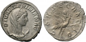 DIVA MARINIANA (Died before 253). Antoninianus. Rome. 

Obv: DIVAE MARINIANAE. 
Veiled and draped bust right, set on crescent.
Rev: CONSECRATIO. ...