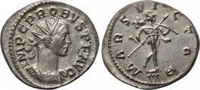 PROBUS (276-282). Antoninianus. Lugdunum. 

Obv: IMP C PROBVS P F AVG. 
Radiate and curiassed bust right.
Rev: MARS VICTOR / III. 
Mars advancing...