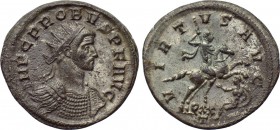 PROBUS (276-282). Antoninianus. Ticinum. 

Obv: IMP C PROBVS P F AVG. 
Radiate and cuirassed bust right.
Rev: VIRTVS AVG / QXXT. 
Probus on horse...