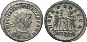 CARINUS (283-285). Antoninianus. Siscia. 

Obv: IMP C M AVR CARINVS P F AVG. 
Radiate and cuirassed bust right.
Rev: VOTA PVBLICA / SMSXXIB. 
Car...