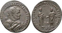 MAXIMIANUS HERCULIUS (Senior Augustus, 305-307). Follis. Treveri. 

Obv: D N MAXIMIANO BAEATISSIMO SEN AVG. 
Laureate and mantled bust right, holdi...
