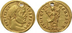 CONSTANTIUS I (305-306). Aureus. Ticinum. 

Obv: CONSTANTIVS P F AVG. 
Laureate head right.
Rev: FELICITAS AVGG NOSTR / SMT. 
Felicitas seated le...