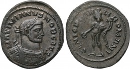 GALERIUS (Caesar, 293-305). Follis. Londinium. 

Obv: MAXIMIANVS NOB CAES. 
Laureate and cuirassed bust right.
Rev: GENIO POPVLI ROMANI. 
Genius ...