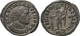 GALERIUS (Caesar, 293-305). Follis. Lugdunum. 

Obv: MAXIMIANVS NOB C. 
Laureate and cuirassed bust right.
Rev: GENIO POPVLI ROMANI / PLG. 
Geniu...