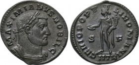 GALERIUS (Caesar, 293-305). Follis. Treveri. 

Obv: MAXIMIANVS NOBIL C. 
Laureate and cuirassed bust right.
Rev: GENIO POPVLI ROMANI / S - F / IIT...