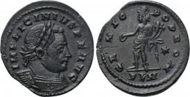 LICINIUS I (308-324). Follis. Londinium. 

Obv: IMP LICINIVS P F AVG. 
Laureate and cuirassed bust right.
Rev: GENIO POP ROM / PLN. 
Genius stand...