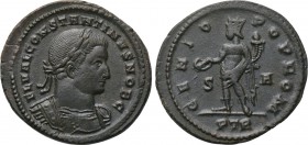 CONSTANTINE I THE GREAT (Caesar, 306-309). Follis. Treveri. 

Obv: FL VAL CONSTANTINVS NOB C. 
Laureate and cuirassed bust right.
Rev: GENIO POP R...