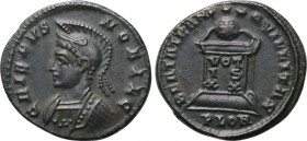 CRISPUS (Caesar, 316-326). Follis. Londinium. 

Obv: CRISPVS NOBIL C. 
Helmeted and cuirassed bust left.
Rev: BEATA TRANQVILLITAS / PLON. 
Altar ...