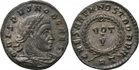CRISPUS (Caesar, 316-326). Follis. Rome. 

Obv: CRISPVS NOB CAES. 
Laureate, draped and cuirassed bust right.
Rev: CAESARVM NOSTRORVM / RT. 
VOT ...