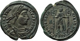 CONSTANTIUS II (337-361). Ae. Siscia. 

Obv: D N CONSTANTIVS P F AVG. 
Diademed, draped and cuirassed bust right; A to left.
Rev: CONCORDIA MILITV...