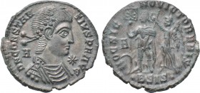 CONSTANTIUS II (337-361). Ae. Siscia. 

Obv: D N CONSTANTIVS P F AVG. 
Diademed, draped and cuirassed bust right; A to left, star to right.
Rev: H...