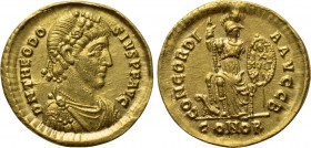 THEODOSIUS I (379-395). GOLD Solidus. Constantinople. 

Obv: D N THEODOSIVS P F AVG. 
Diademed, draped and cuirassed bust right.
Rev: CONCORDIA AV...