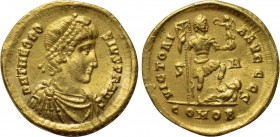THEODOSIUS I (379-395). GOLD Solidus. Uncertain military mint. 

Obv: D N THEODOSIVS P F AVG. 
Diademed, draped and cuirassed bust right.
Rev: VIC...