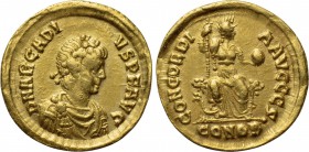 ARCADIUS (383-408). GOLD Solidus. Constantinople. 

Obv: D N ARCADIVS P F AVG. 
Diademed, draped and cuirassed bust right.
Rev: CONCORDIA AVGGG ς ...