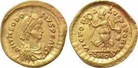 THEODOSIUS II (402-450). GOLD Tremissis. Constantinople. 

Obv: D N THEODOSIVS P F AVG. 
Diademed, draped and cuirassed bust right.
Rev: VICTORIA ...