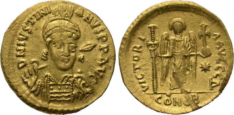 JUSTINIAN I (527-565). GOLD Solidus. Constantinople. 

Obv: D N IVSTINIANVS P ...